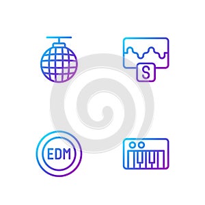 Set line Music synthesizer, EDM electronic dance music, Disco ball and wave equalizer. Gradient color icons. Vector