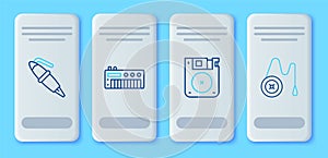 Set line Music synthesizer, Floppy disk, Fountain pen nib and Yoyo toy icon. Vector