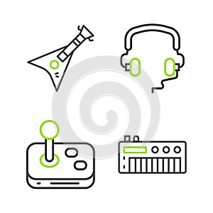 Set line Music synthesizer, Joystick, Headphones and Electric bass guitar icon. Vector