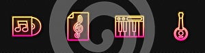 Set line Music synthesizer, Vinyl disk, Treble clef and Banjo. Glowing neon icon. Vector
