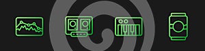 Set line Music synthesizer, wave equalizer, DJ remote and mixing music and Beer can. Gradient color icons. Vector