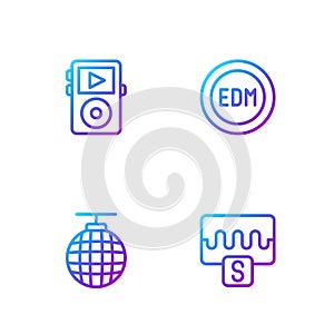 Set line Music wave equalizer, Disco ball, player and EDM electronic dance music. Gradient color icons. Vector