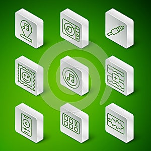 Set line Music wave equalizer, Drum machine, note, tone, LSD acid mark, Vinyl player with vinyl disk, and icon. Vector