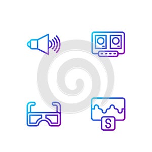 Set line Music wave equalizer, Glasses, Speaker volume and DJ remote and mixing music. Gradient color icons. Vector