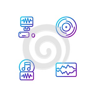 Set line Music wave equalizer, note, tone, recording studio and Vinyl disk. Gradient color icons. Vector