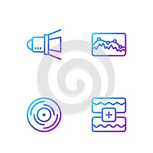 Set line Music wave equalizer, Vinyl disk, Movie spotlight and . Gradient color icons. Vector