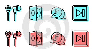 Set line Musical note in speech bubble, Air headphones, Vinyl player with a vinyl disk and Fast forward icon. Vector