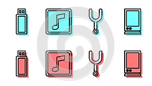 Set line Musical tuning fork, USB flash drive, Music note, tone and Voice assistant icon. Vector