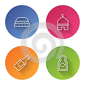 Set line Muslim hat for prayer, Mosque, Bottle of water and . Color circle button. Vector