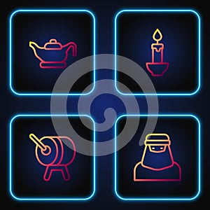 Set line Muslim woman in niqab, Ramadan drum, Oil lamp and Burning candle. Gradient color icons. Vector