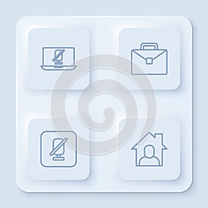 Set line Mute microphone on laptop, Briefcase, and Online working. White square button. Vector