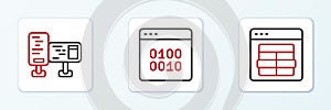 Set line MySQL code, Computer monitor screen and Binary icon. Vector