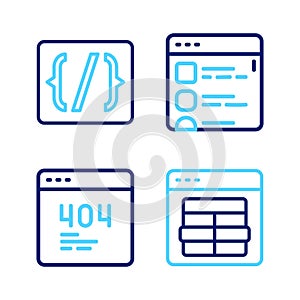 Set line MySQL code, Page with a 404 error, Browser files and Programming language syntax icon. Vector