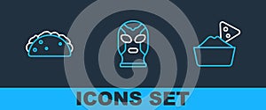 Set line Nachos in bowl, Taco with tortilla and Mexican wrestler icon. Vector