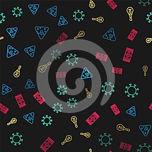 Set line Nachos, Sun, Mexican guitar and carpet on seamless pattern. Vector