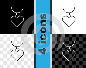 Set line Necklace with heart shaped pendant icon isolated on black and white, transparent background. Jewellery