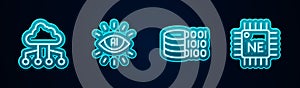 Set line Network cloud connection, Artificial intelligence AI, Binary code and Processor CPU. Glowing neon icon. Vector