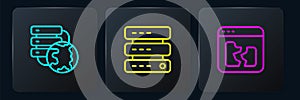 Set line Network cloud connection, Broken file and Server, Data, Web Hosting. Black square button. Vector