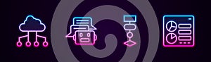 Set line Network cloud connection, Chat bot, Algorithm and Computer api interface. Glowing neon icon. Vector