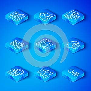 Set line Network cloud connection, Different files, Hierarchy organogram chart, Cloud technology data transfer, Monitor