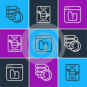 Set line Network cloud connection, File missing and Server, Data, Web Hosting icon. Vector