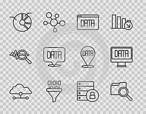 Set line Network cloud connection, Search with folder, Data analysis, Binary code, Pie chart infographic, Server
