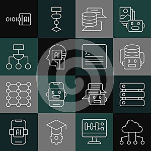 Set line Network cloud connection, Server, Data, Artificial intelligence robot, Humanoid, Algorithm, Binary code and Web