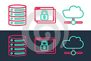 Set line Network cloud connection, Server, Data, Web Hosting and Secure your site with HTTPS, SSL icon. Vector