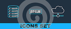 Set line Network cloud connection, Server, Data, Web Hosting and Spam icon. Vector