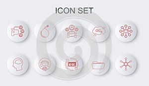 Set line Network, Head silhouette with cloud, Car sharing, Folder, Bomb ready to explode, and Refund money icon. Vector