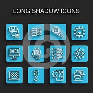 Set line Neural network, Algorithm, Artificial intelligence robot, Server, Data, Humanoid, and icon. Vector