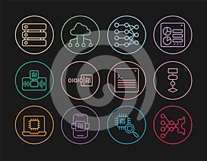 Set line Neural network, Algorithm, Binary code, Artificial intelligence AI, Server, Data, Web developer programming and