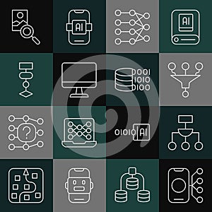 Set line Neural network, Algorithm, Funnel filter, Computer monitor, Photo retouching and Binary code icon. Vector