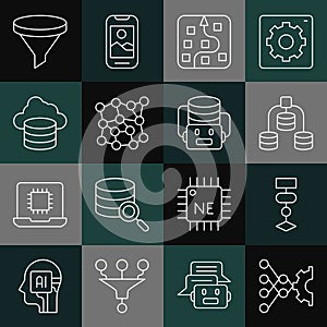 Set line Neural network, Algorithm, Server, Data, Cloud database, Funnel filter and Artificial intelligence robot icon