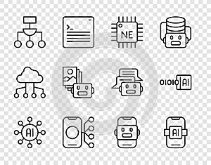 Set line Neural network, Artificial intelligence AI, Processor CPU, Algorithm, robot, Chat and Binary code icon. Vector