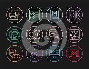 Set line Neural network, Artificial intelligence AI, robot, Server, Data, and Computer api interface icon. Vector