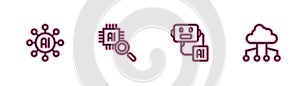 Set line Neural network, Artificial intelligence robot, Processor CPU and Network cloud connection icon. Vector