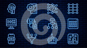 Set line Neural network, Binary code, Artificial intelligence robot, Algorithm, Humanoid, and icon. Vector