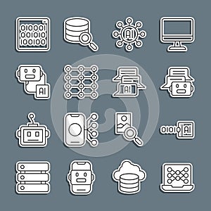 Set line Neural network, Binary code, Chat bot, Artificial intelligence robot, and icon. Vector