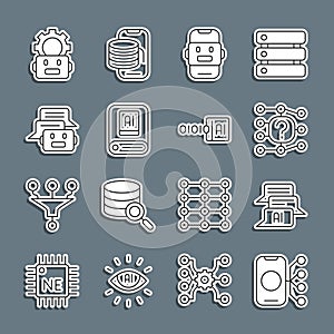 Set line Neural network, Chat bot, Artificial intelligence AI, Robot setting and Binary code icon. Vector