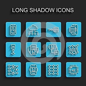Set line Neural network, Chat bot, Mobile phone, Processor CPU, Artificial intelligence robot, and icon. Vector
