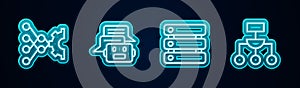 Set line Neural network, Chat bot, Server, Data and Algorithm. Glowing neon icon. Vector