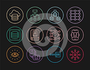 Set line Neural network, Chat bot, Server, Data, Artificial intelligence AI, Cloud database, and Algorithm icon. Vector