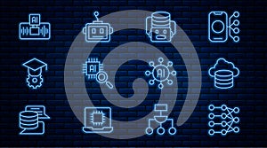 Set line Neural network, Cloud database, Artificial intelligence robot, Processor CPU, Graduation cap, AI, and icon
