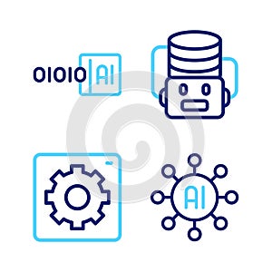 Set line Neural network, Computer api interface, Artificial intelligence robot and Binary code icon. Vector