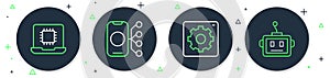 Set line Neural network, Computer api interface, Processor CPU and Artificial intelligence robot icon. Vector