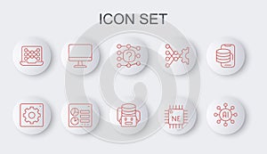 Set line Neural network, Computer api interface, Processor CPU, monitor, and Artificial intelligence robot icon. Vector