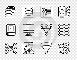 Set line Neural network, Computer api interface, Server, Data, monitor, Funnel filter and icon. Vector