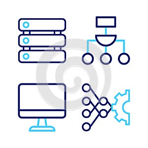 Set line Neural network, Computer monitor, Algorithm and Server, Data icon. Vector