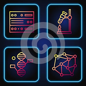 Set line Neural network, DNA symbol, Server, Data, Web Hosting and Test tube flask on fire. Gradient color icons. Vector